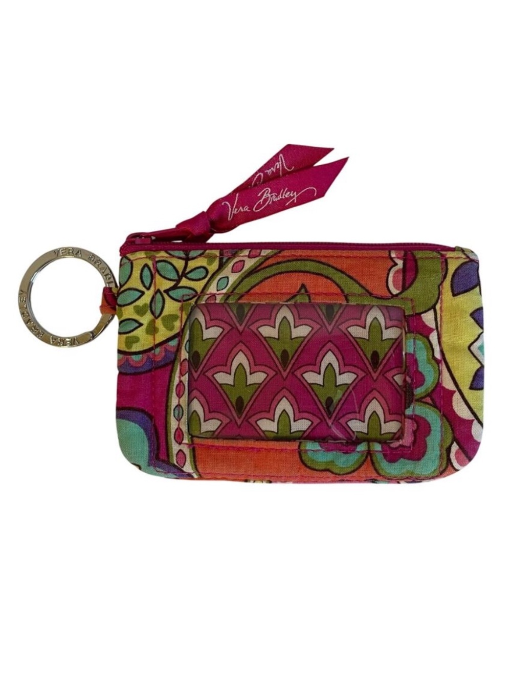 Vera Bradley Pink Swirl Paisley Floral Coin Purse Mini Zip ID Wallet Key Ring